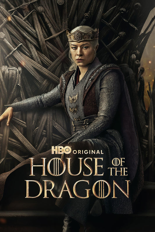 Rhaenyra Targaryen sits on the Iron Throne, wearing armor and a crown.