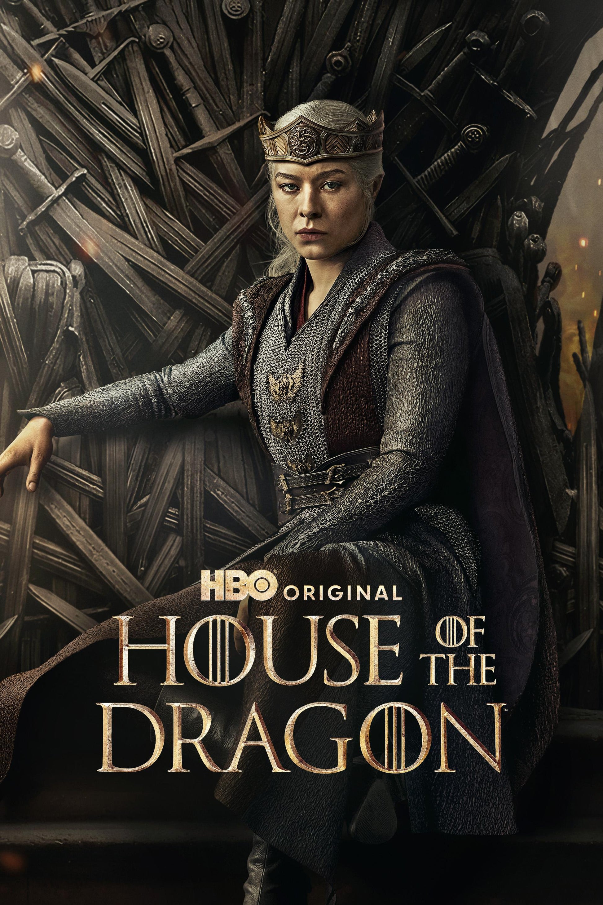 Rhaenyra Targaryen sits on the Iron Throne, wearing armor and a crown.
