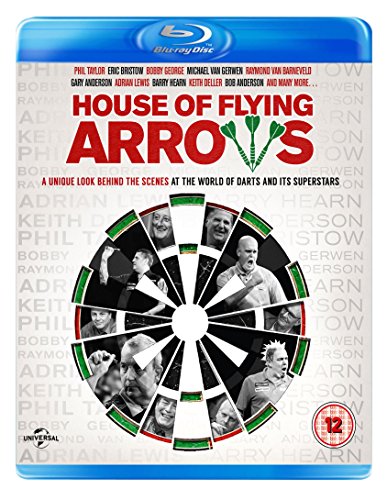 "Blu-ray case with 'House of Flying Arrows' title and dartboard design featuring darts players."