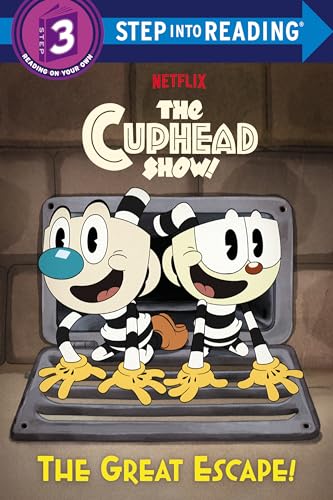 Book cover featuring Cuphead and Mugman in striped outfits, escaping a safe.