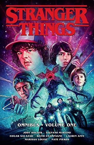 Stranger Things graphic novel cover featuring the main cast and a Demogorgon against space.