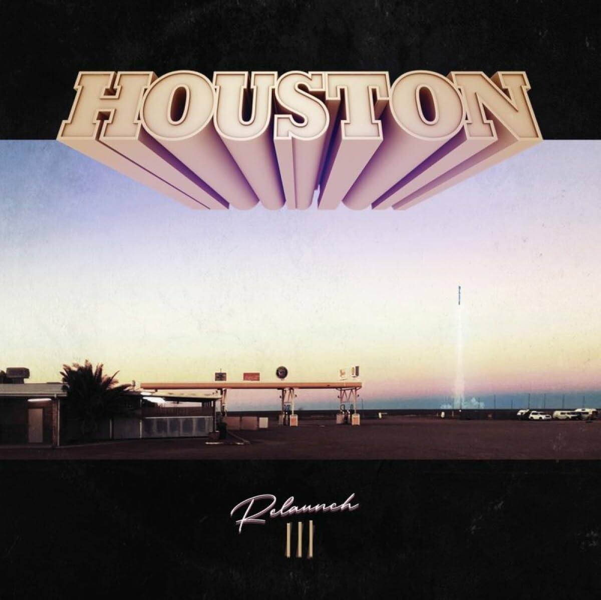 CD cover for Houston’s “Re-Launch III” with a sunset cityscape.