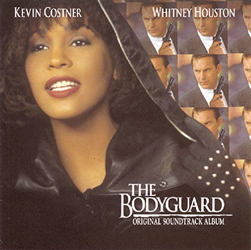 CD cover for "The Bodyguard" soundtrack featuring Whitney Houston and Kevin Costner.