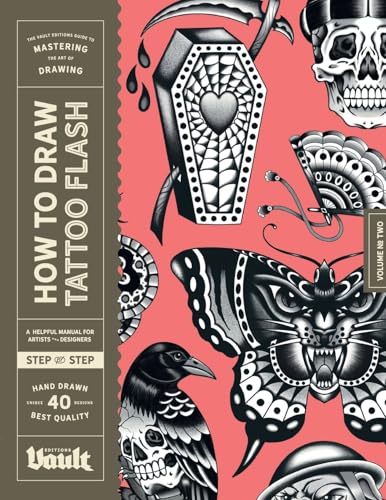 Book cover featuring black and white tattoo flash designs: skulls, coffin, butterfly.