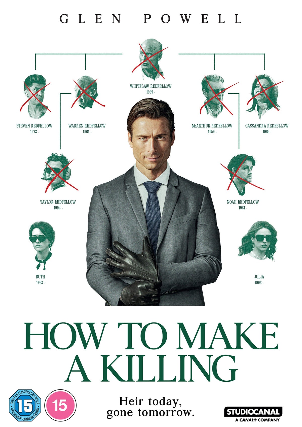 DVD cover for "How To Make A Killing" featuring Glen Powell and family tree.