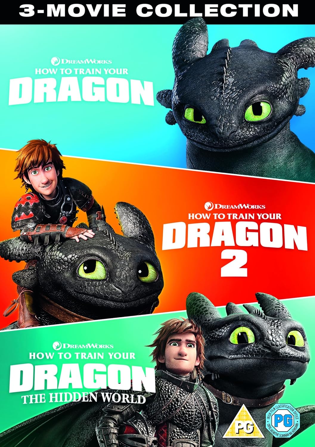 DVD cover art featuring Hiccup and Toothless from the three How to Train Your Dragon movies.