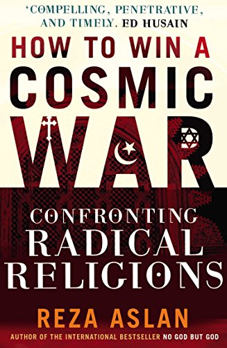 Book cover: “How to Win a Cosmic War” with religious symbols.