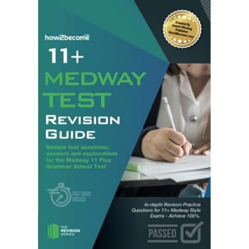 Blue and black "11+ Medway Test Revision Guide" book cover with a student.