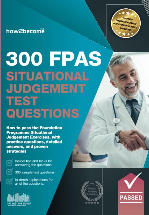 Book cover: “300 FPAS Situational Judgement Test Questions” with a doctor’s image.