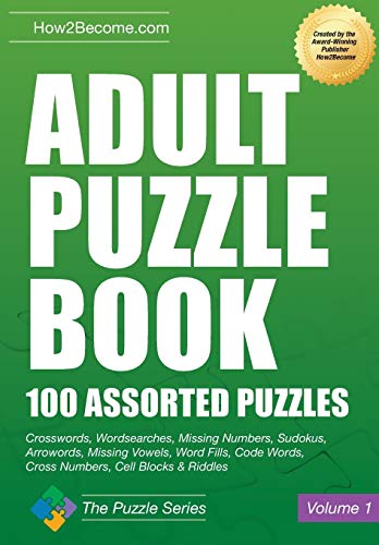 Green cover of “Adult Puzzle Book” with large white text and puzzle types listed.