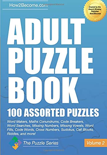 Blue cover of Adult Puzzle Book Volume 2 featuring large white text and puzzle types.