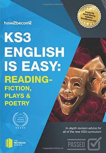 KS3 English revision guide with theatrical masks on a red background.