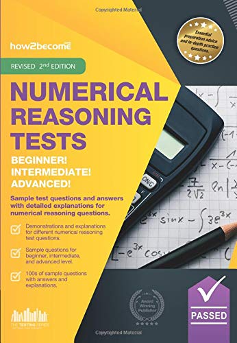 Book cover: "Numerical Reasoning Tests" with calculator and equations.