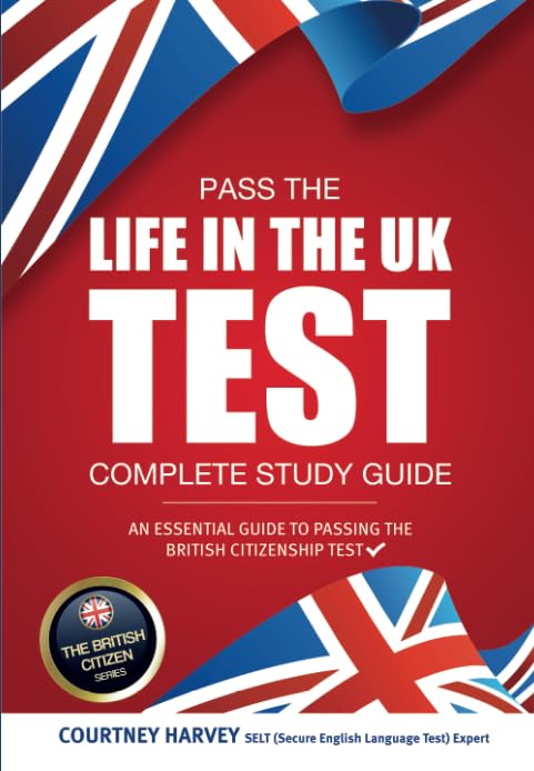 Red book cover with Union Jack design, title “Pass the Life in the UK Test”.