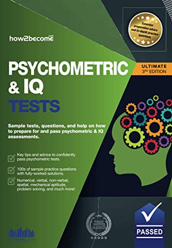 Book cover titled Psychometric & IQ Tests featuring a green silhouette head with colorful gears.