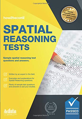 Book cover for "Spatial Reasoning Tests" with pencil and test paper.