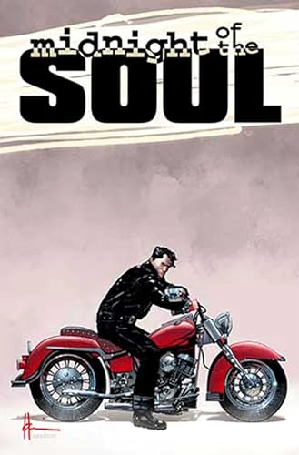 Comic book cover: man on a red motorcycle, dark and moody.