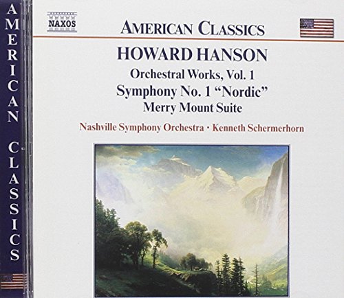 "CD cover with landscape painting and text describing Howard Hanson's orchestral works."