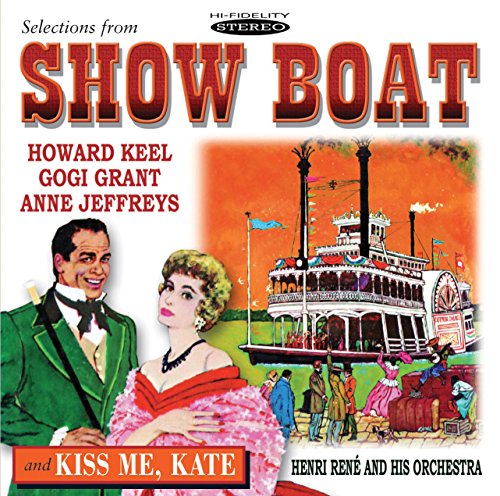 "CD cover with cartoon man and woman, steamboat, and text 'Show Boat' and 'Kiss Me, Kate'."