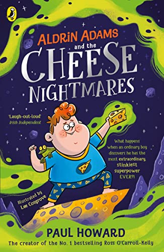 Book cover: boy surfing on cheese with a frog, green and purple background.