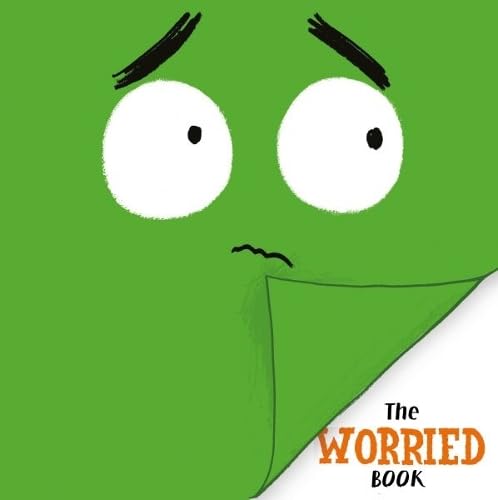 Green square with worried face, book corner flipped, title reads "The Worried Book".