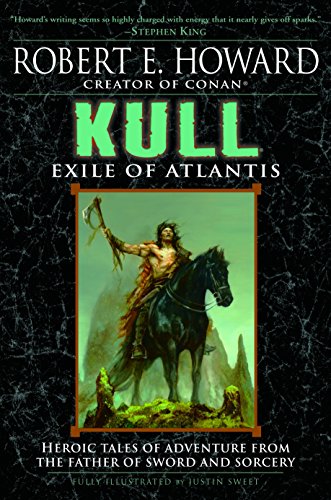 Book cover: warrior on horseback, dark fantasy art, "Kull: Exile of Atlantis.