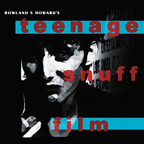 Black and white portrait with overlaid red and blue text: "teenage snuff film".