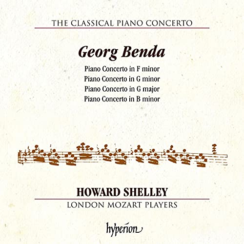 CD cover for Georg Benda piano concertos with musical staff illustration.