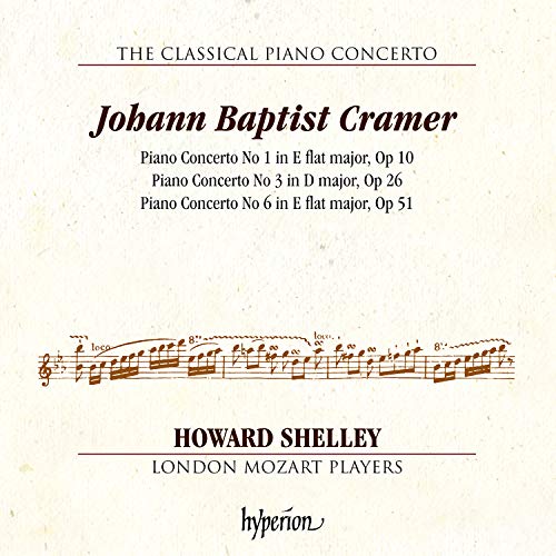 Cream-colored album cover with musical notes and black text, featuring Johann Baptist Cramer's piano concertos.