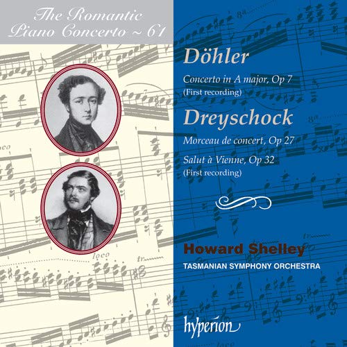 CD cover featuring portraits and sheet music for piano concertos.