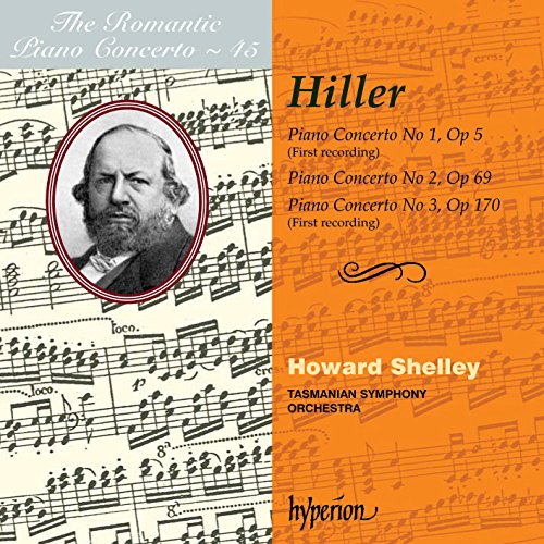 CD cover featuring a portrait, musical notes, and text about Hiller's piano concertos.