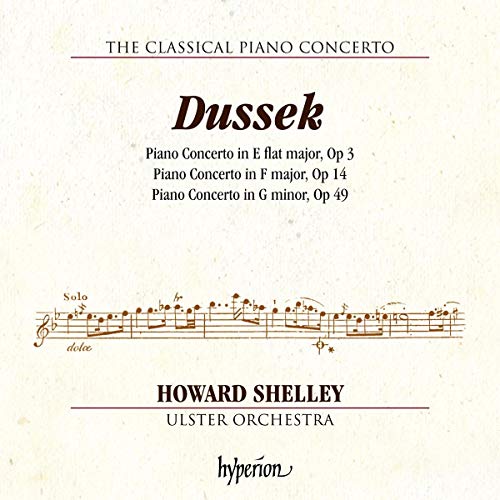 CD cover featuring musical notes and text: "Dussek Piano Concertos" by Howard Shelley.