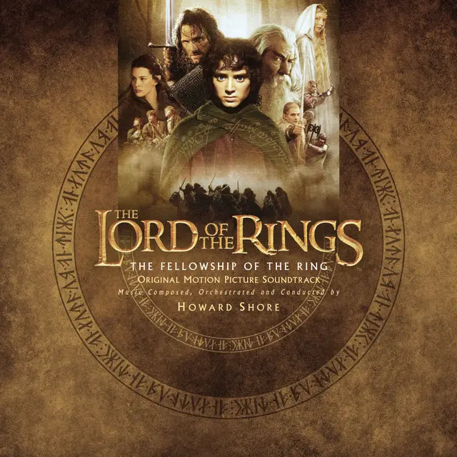 “The Lord of the Rings” soundtrack vinyl cover with character portraits.