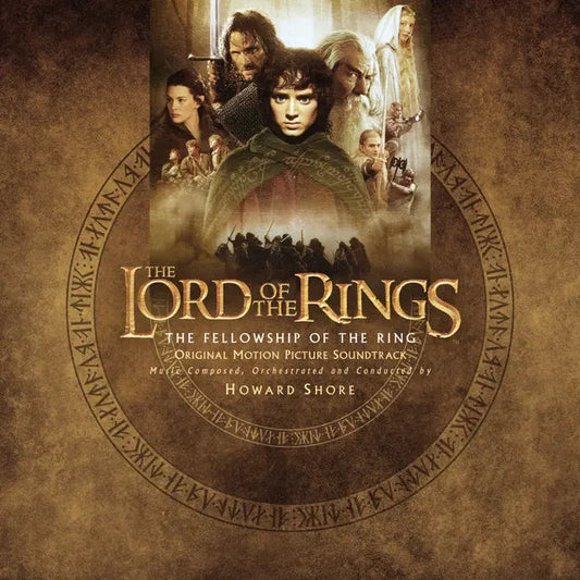 “The Lord of the Rings” soundtrack vinyl cover with character portraits.