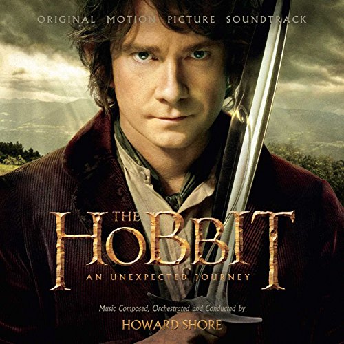 Bilbo Baggins holding a sword on The Hobbit: An Unexpected Journey soundtrack cover.