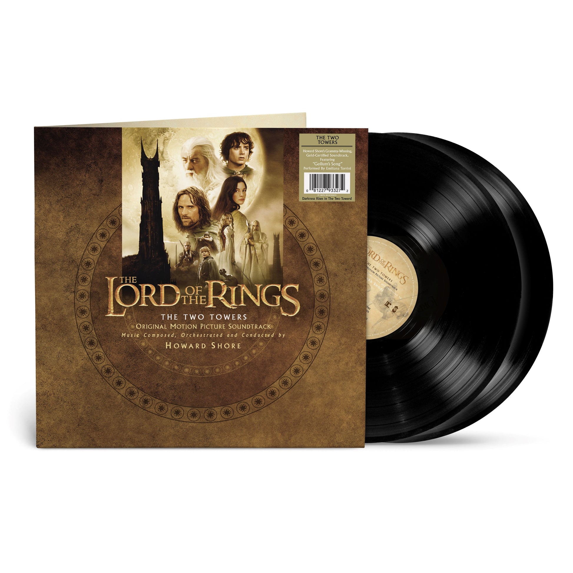 “The Two Towers” vinyl record with cover art featuring film characters.