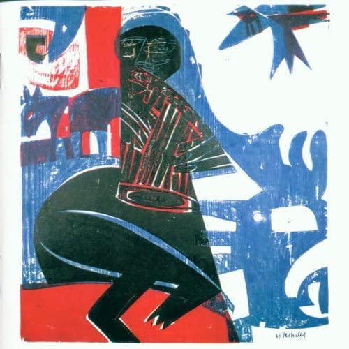 Abstract woodcut print featuring a dark central figure, blue shapes, and red accents.