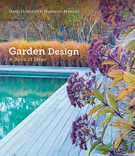 "Book cover featuring a serene garden scene with a pool, deck, and purple flowers."