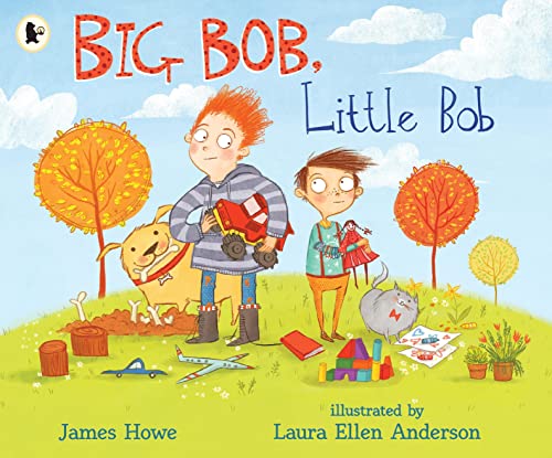 Children’s book cover with two boys, a dog, and scattered toys in a park.