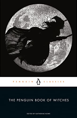 A silhouette of a witch flying on a broomstick against a full moon.