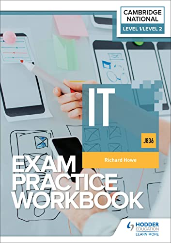 IT exam practice workbook cover with phones, pens, and colorful sticky notes.