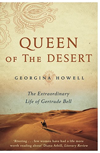 Book cover for Queen of the Desert showing a person riding a camel in sand.