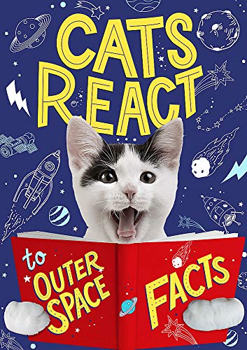 A surprised cat holds a red book against a blue background with space doodles.