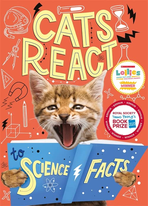 Book cover: surprised tabby cat with science doodles and text.