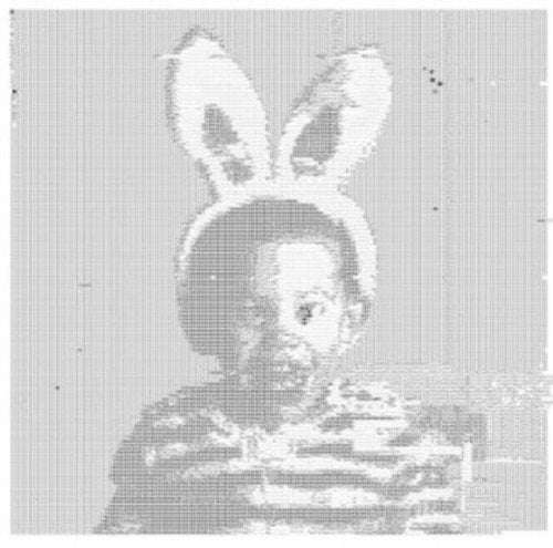 Pixelated black and white portrait of a person wearing bunny ears.