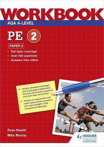Red A-level PE workbook with sports imagery, pen, and sticky note.