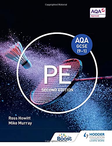 Textbook cover for AQA GCSE PE, featuring a badminton racket and shuttlecock.