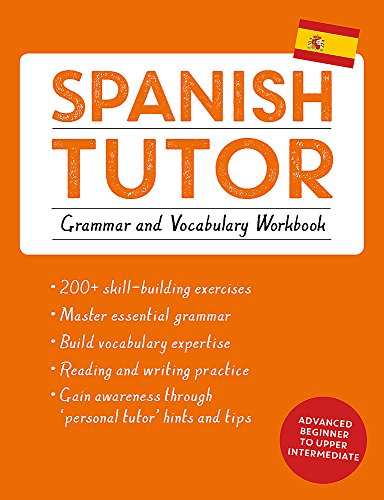 Orange cover of the Spanish Tutor grammar and vocabulary workbook with a Spanish flag.