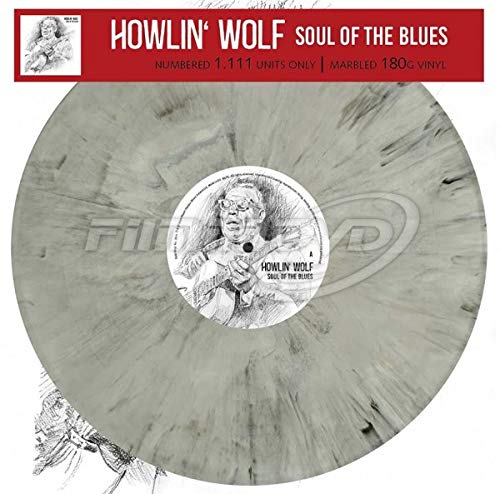 "Marbled gray vinyl record with a white label featuring a sketched man."