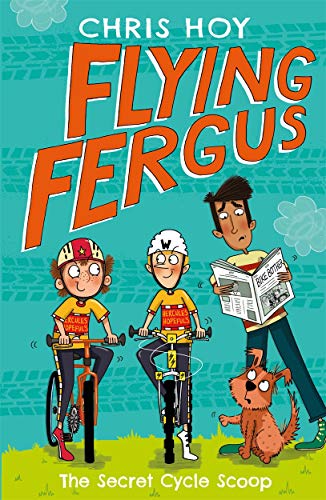 "Children's book cover featuring cartoon boys on bikes and a dog on grass."